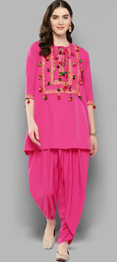 Pink and Majenta color Co-ords Set in Polyester Silk fabric with Thread work