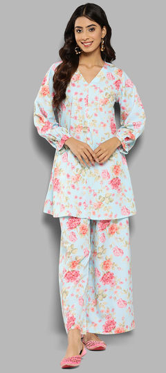 Blue color Co-ords Set in Polyester Silk fabric with Printed work