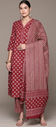 Festive, Summer Red and Maroon color Salwar Kameez in Cotton fabric with Straight Embroidered, Printed, Sequence, Thread work : 1935746