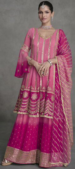 Bridal, Reception, Wedding Pink and Majenta color Salwar Kameez in Georgette fabric with A Line, Sharara Embroidered, Sequence, Thread, Zari work : 1935747