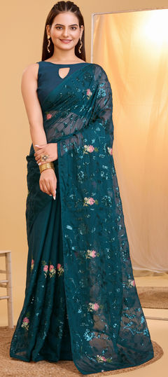 Blue color Saree in Organza Silk fabric with Embroidered, Thread work