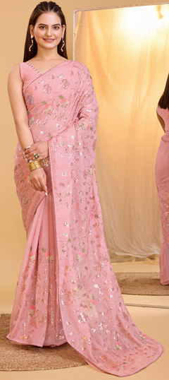 Pink and Majenta color Saree in Organza Silk fabric with Embroidered, Thread work