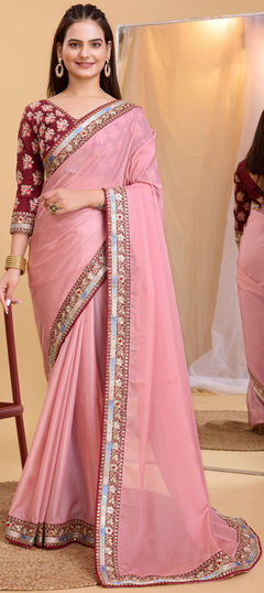 Festive, Reception, Traditional Pink and Majenta color Saree in Organza Silk fabric with Classic Border, Embroidered, Sequence, Thread work : 1935781