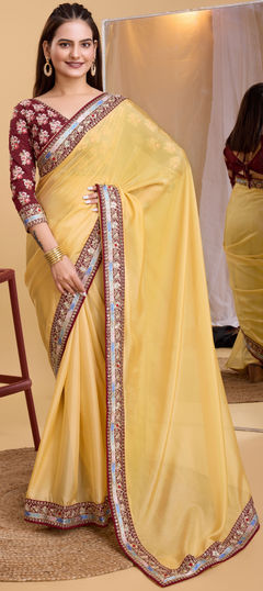 Festive, Reception, Traditional Yellow color Saree in Organza Silk fabric with Classic Border, Embroidered, Sequence, Thread work : 1935784