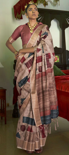 Beige and Brown color Saree in Banarasi Silk fabric with Weaving work