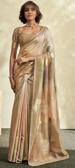 Beige and Brown color Saree in Handloom fabric with Weaving work