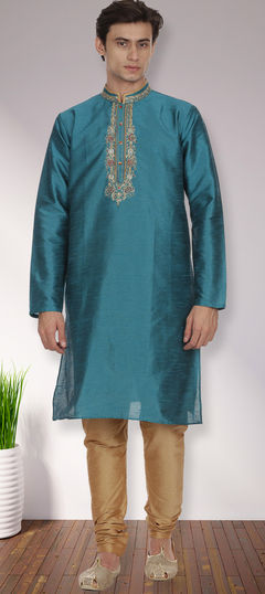 Blue color Kurta Pyjamas in Dupion Silk fabric with Embroidered, Thread work