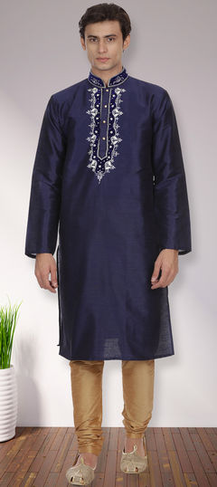 Blue color Kurta Pyjamas in Dupion Silk fabric with Kasab, Stone, Zardozi, Zari work