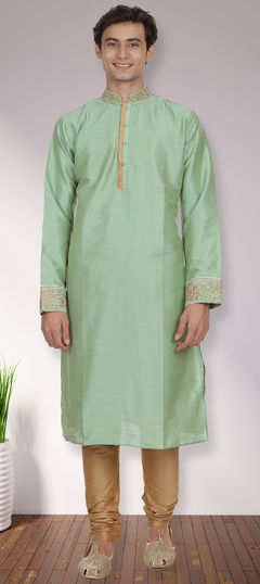 Green color Kurta Pyjamas in Dupion Silk fabric with Embroidered, Stone, Thread work