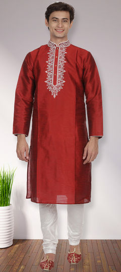 Red and Maroon color Kurta Pyjamas in Dupion Silk fabric with Embroidered, Thread work