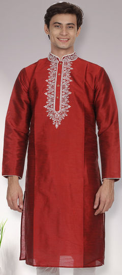 Red and Maroon color Kurta in Dupion Silk fabric with Embroidered, Thread work