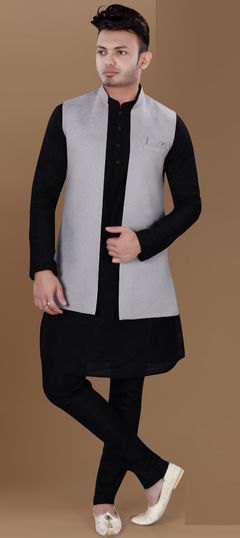 Black and Grey color Kurta Pyjama with Jacket in Silk fabric with Weaving work