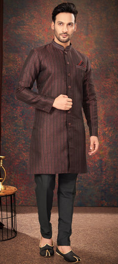 Red and Maroon color IndoWestern Dress in Jacquard fabric with Embroidered, Thread work