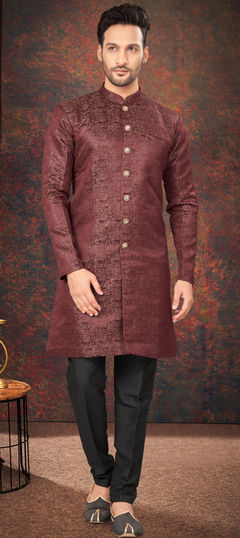 Red and Maroon color IndoWestern Dress in Jacquard fabric with Digital Print work