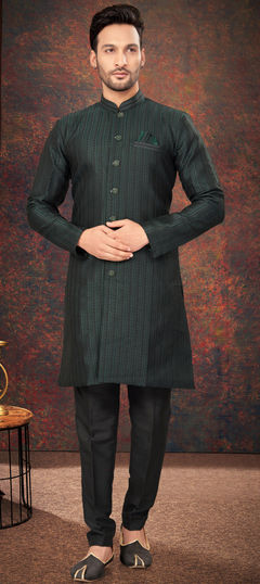 Green color IndoWestern Dress in Jacquard fabric with Embroidered, Thread work