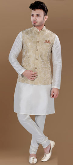 Beige and Brown color Kurta Pyjama with Jacket in Silk fabric with Weaving work