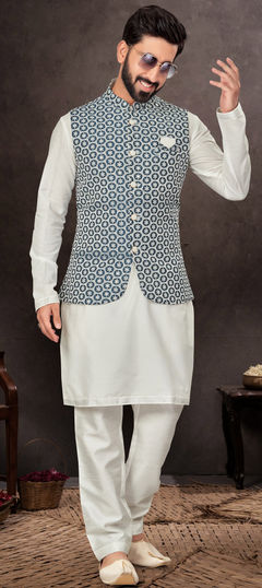 Party Wear, Wedding Blue color Kurta Pyjama with Jacket in Art Dupion Silk fabric with Embroidered work : 1936111