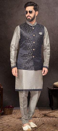 Party Wear, Wedding Blue color Kurta Pyjama with Jacket in Art Dupion Silk fabric with Digital Print work : 1936112