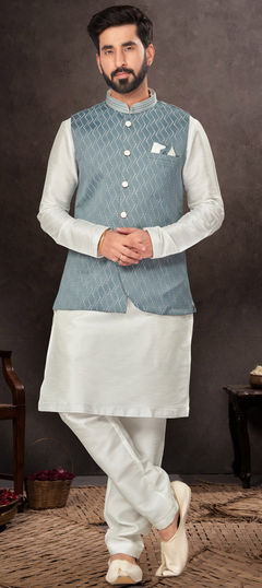 Party Wear, Wedding Blue color Kurta Pyjama with Jacket in Art Dupion Silk fabric with Weaving work : 1936121