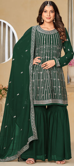 Green color Salwar Kameez in Georgette fabric with Embroidered, Sequence, Thread work