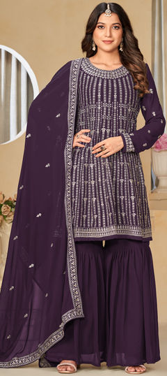 Purple and Violet color Salwar Kameez in Georgette fabric with Embroidered, Sequence, Thread work