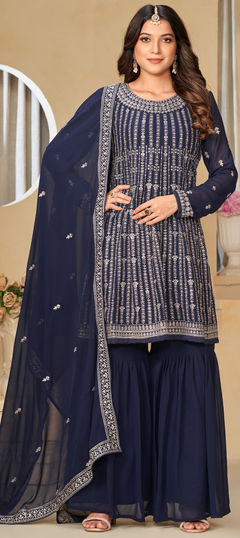 Blue color Salwar Kameez in Georgette fabric with Embroidered, Sequence, Thread work