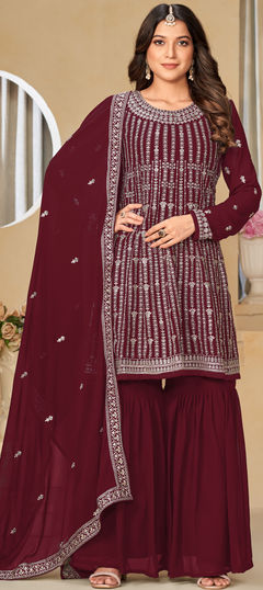 Red and Maroon color Salwar Kameez in Georgette fabric with Embroidered, Sequence, Thread work