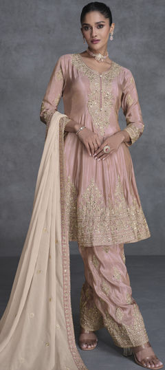 Pink and Majenta color Salwar Kameez in Organza Silk fabric with Embroidered, Mirror, Sequence, Thread, Zari work