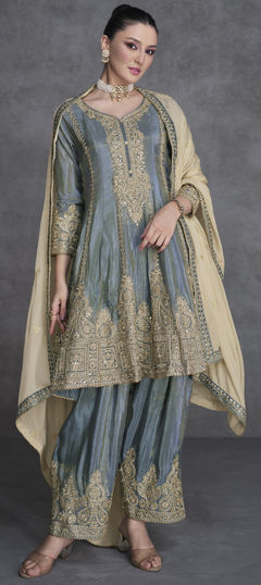 Black and Grey color Salwar Kameez in Organza Silk fabric with Embroidered, Mirror, Sequence, Thread, Zari work