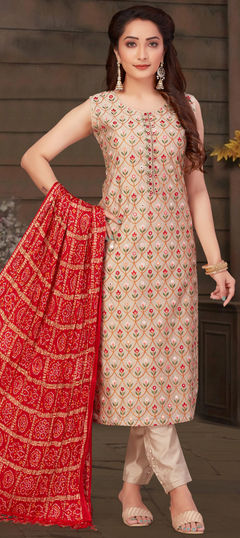 Beige and Brown color Salwar Kameez in Chanderi Silk fabric with Embroidered, Resham, Thread work