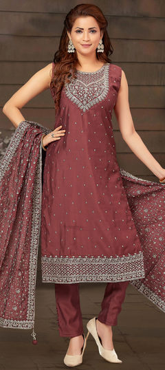 Red and Maroon color Salwar Kameez in Chanderi Silk fabric with Embroidered, Resham, Sequence, Thread work