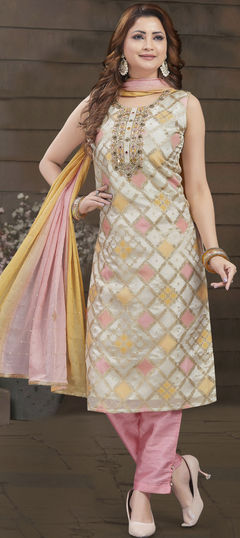 Multicolor color Salwar Kameez in Banarasi Silk fabric with Bugle Beads, Cut Dana, Mirror, Thread work