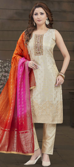 Beige and Brown color Salwar Kameez in Organza Silk fabric with Embroidered, Mirror, Sequence, Thread work