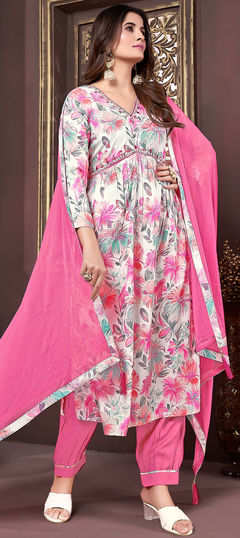 White and Off White color Salwar Kameez in Rayon fabric with Digital Print, Floral, Printed, Thread work