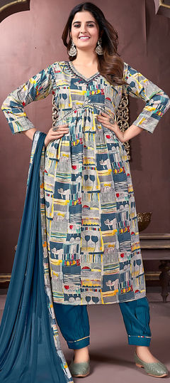 Black and Grey, Blue color Salwar Kameez in Rayon fabric with Embroidered, Printed, Thread work