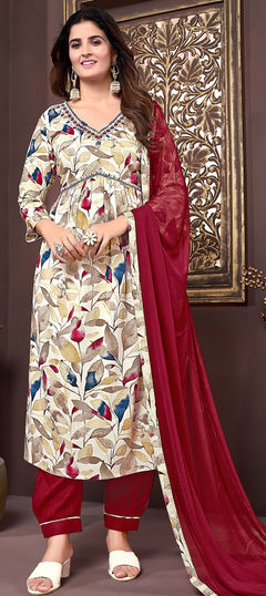 Beige and Brown, White and Off White color Salwar Kameez in Rayon fabric with Embroidered, Printed, Thread work