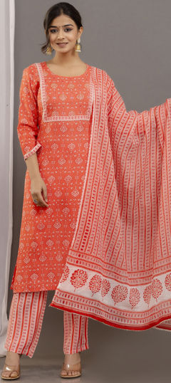 Orange color Salwar Kameez in Rayon fabric with Printed work