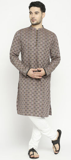 Beige and Brown color Kurta Pyjamas in Cotton fabric with Printed work