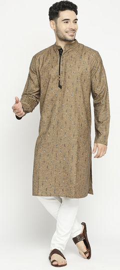 Beige and Brown color Kurta Pyjamas in Poly cotton fabric with Printed work