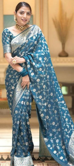 Blue color Saree in Art Silk, Silk fabric with Weaving work