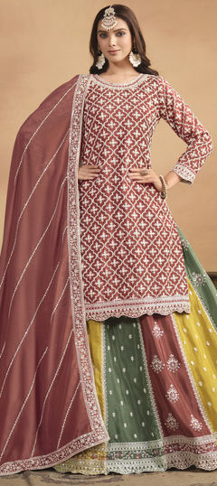 Red and Maroon color Long Lehenga Choli in Silk fabric with Embroidered, Resham, Sequence, Thread work