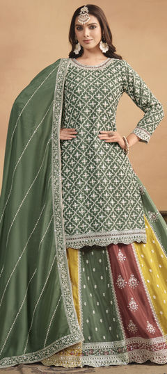 Green color Long Lehenga Choli in Silk fabric with Embroidered, Resham, Sequence, Thread work