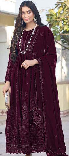 Festive, Mehendi Sangeet, Reception Red and Maroon color Salwar Kameez in Georgette fabric with Anarkali Embroidered, Resham, Sequence, Thread work : 1936844