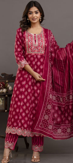 Pink and Majenta color Salwar Kameez in Rayon fabric with Embroidered, Printed, Sequence, Thread work