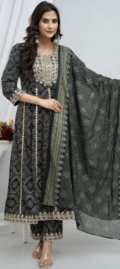 Green color Salwar Kameez in Rayon fabric with Bandhej, Printed, Sequence, Thread, Zari work