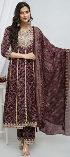 Red and Maroon color Salwar Kameez in Rayon fabric with Bandhej, Printed, Sequence, Thread, Zari work