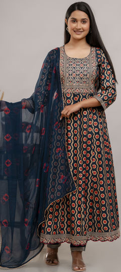 Blue color Salwar Kameez in Rayon fabric with Embroidered, Printed, Sequence, Thread work