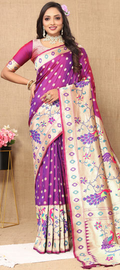 Traditional, Wedding Purple and Violet color Saree in Banarasi Silk, Silk fabric with South Weaving, Zari work : 1936953