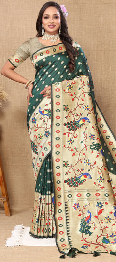 Traditional, Wedding Green color Saree in Banarasi Silk, Silk fabric with South Weaving, Zari work : 1936955