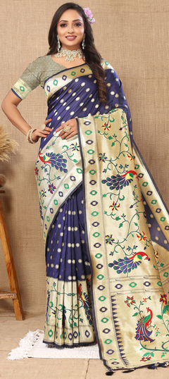 Traditional, Wedding Blue color Saree in Banarasi Silk, Silk fabric with South Weaving, Zari work : 1936957